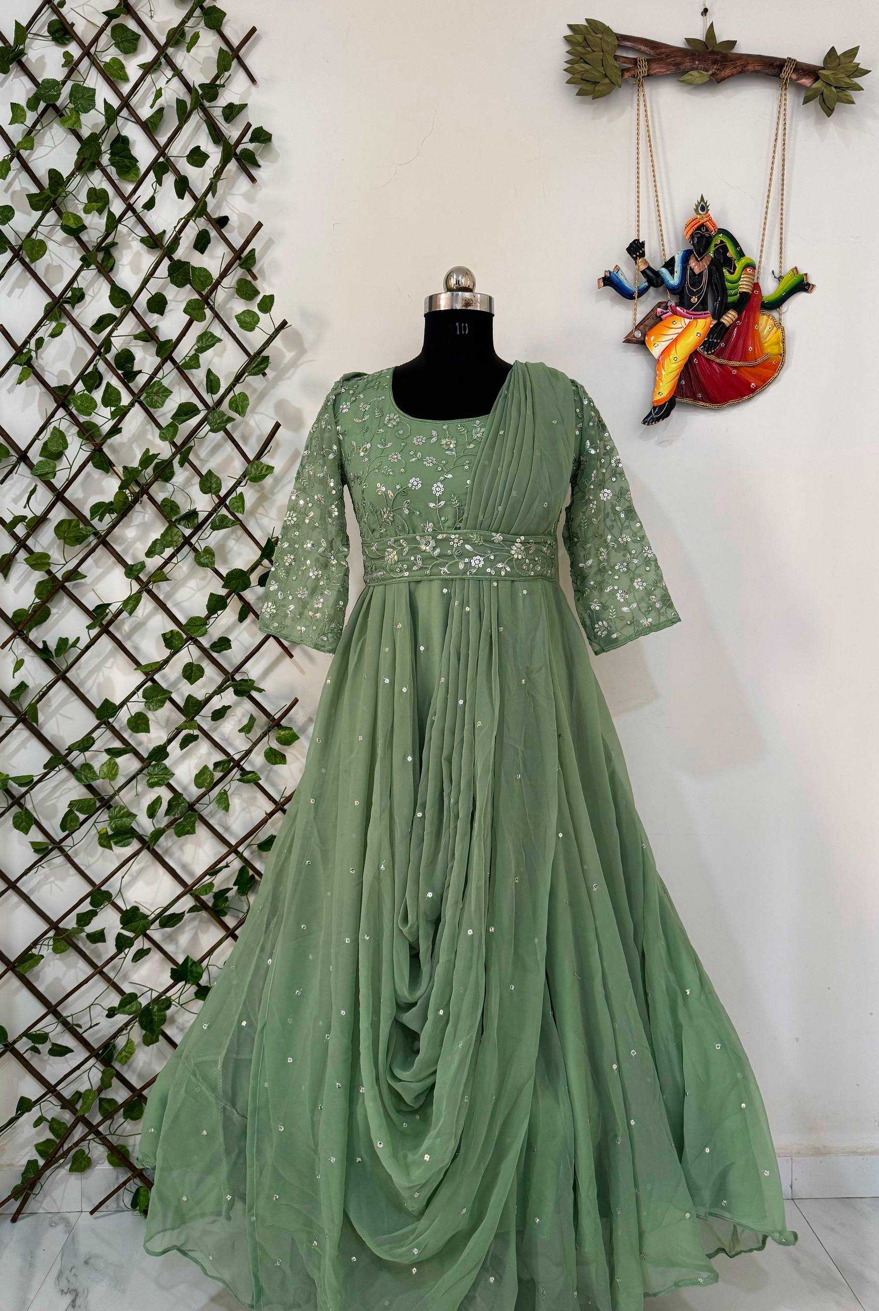 Ynf Georgette KESH492 207 Gowns Wedding Collections Festive Collections Wholesale Georgette Gown Embroidered Gown Gown With Belt Manufacturer