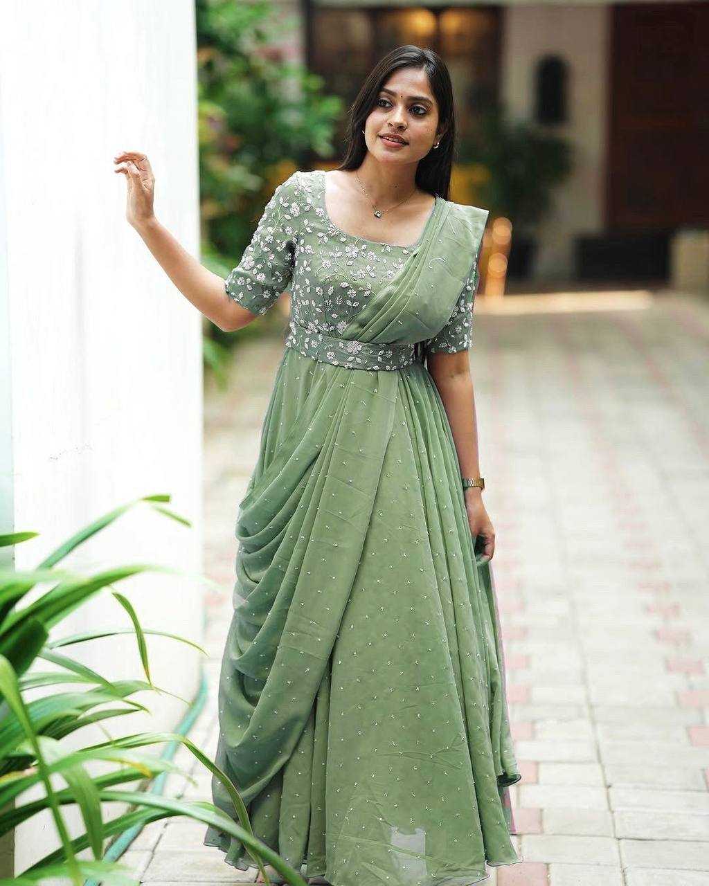 Ynf Georgette KESH492 207 Gowns Wedding Collections Festive Collections Wholesale Georgette Gown Embroidered Gown Gown With Belt Manufacturer