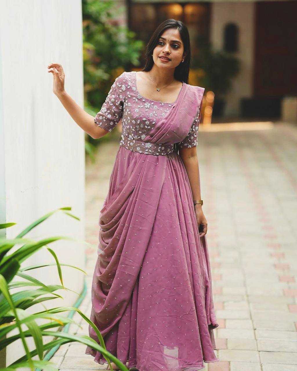 Ynf Georgette KESH492 207 Gowns Wedding Collections Festive Collections Wholesale Georgette Gown Embroidered Gown Gown With Belt Manufacturer