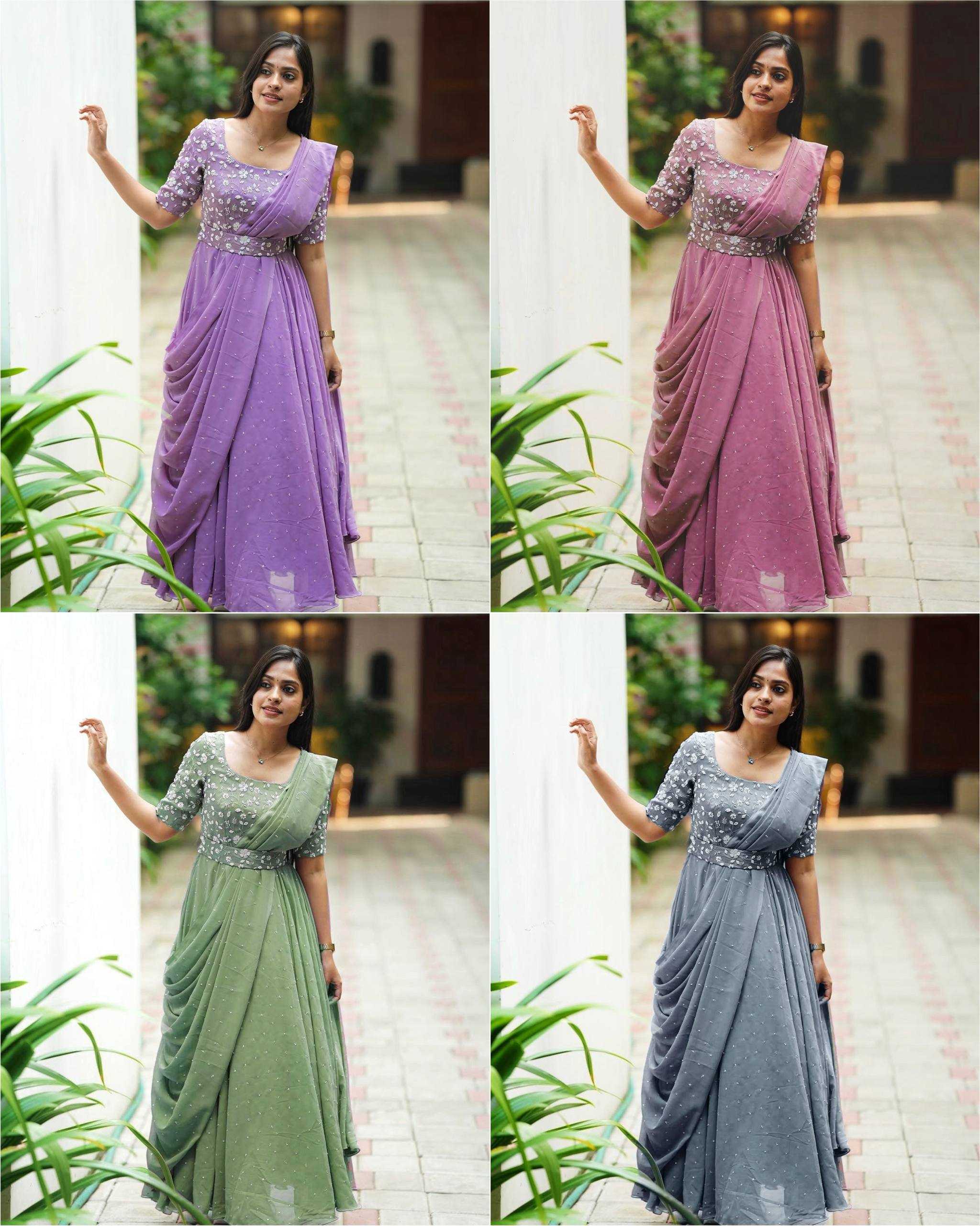 Ynf Georgette KESH492 207 Gowns Wedding Collections Festive Collections Wholesale Georgette Gown Embroidered Gown Gown With Belt Manufacturer