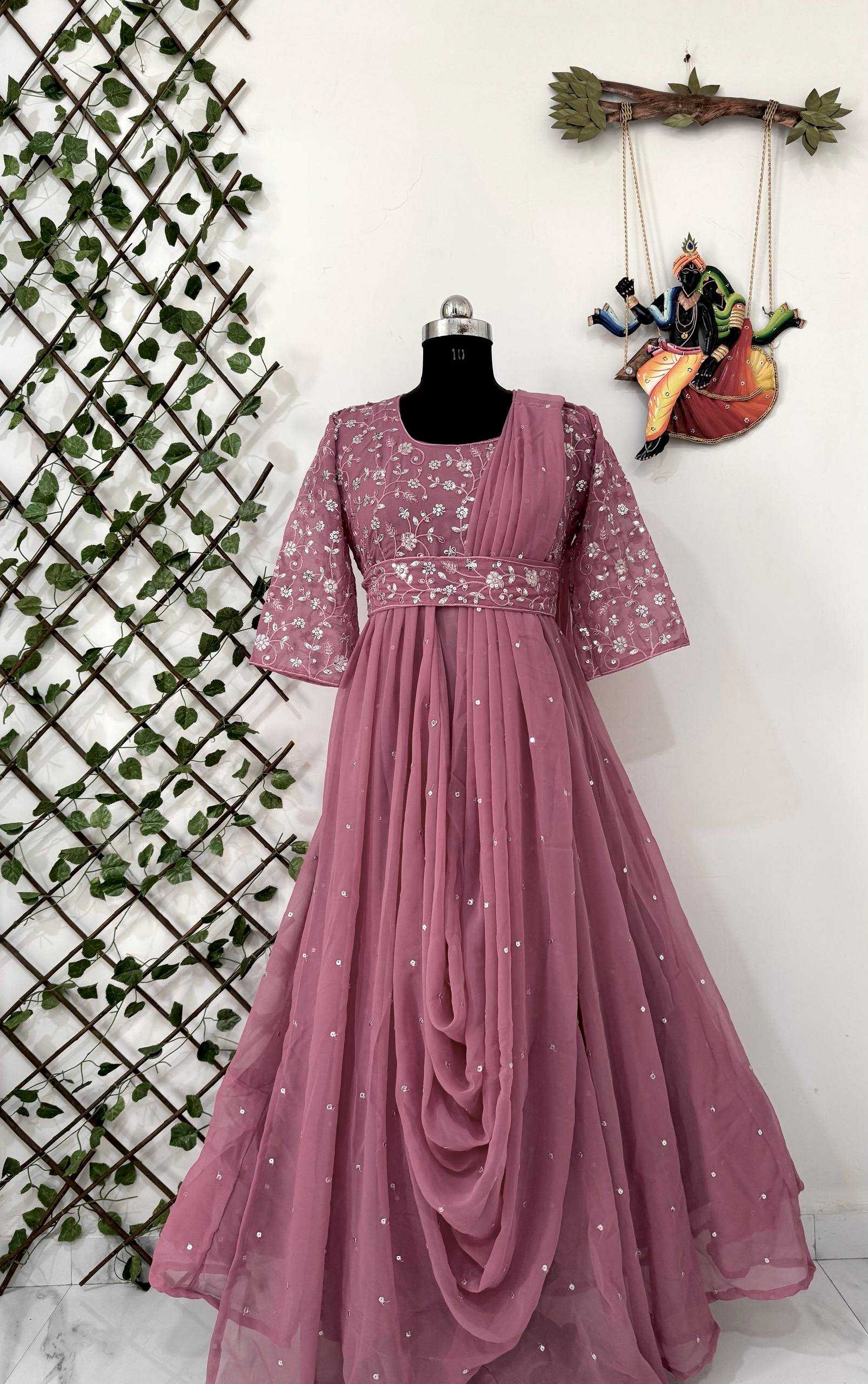 Ynf Georgette KESH492 207 Gowns Wedding Collections Festive Collections Wholesale Georgette Gown Embroidered Gown Gown With Belt Manufacturer