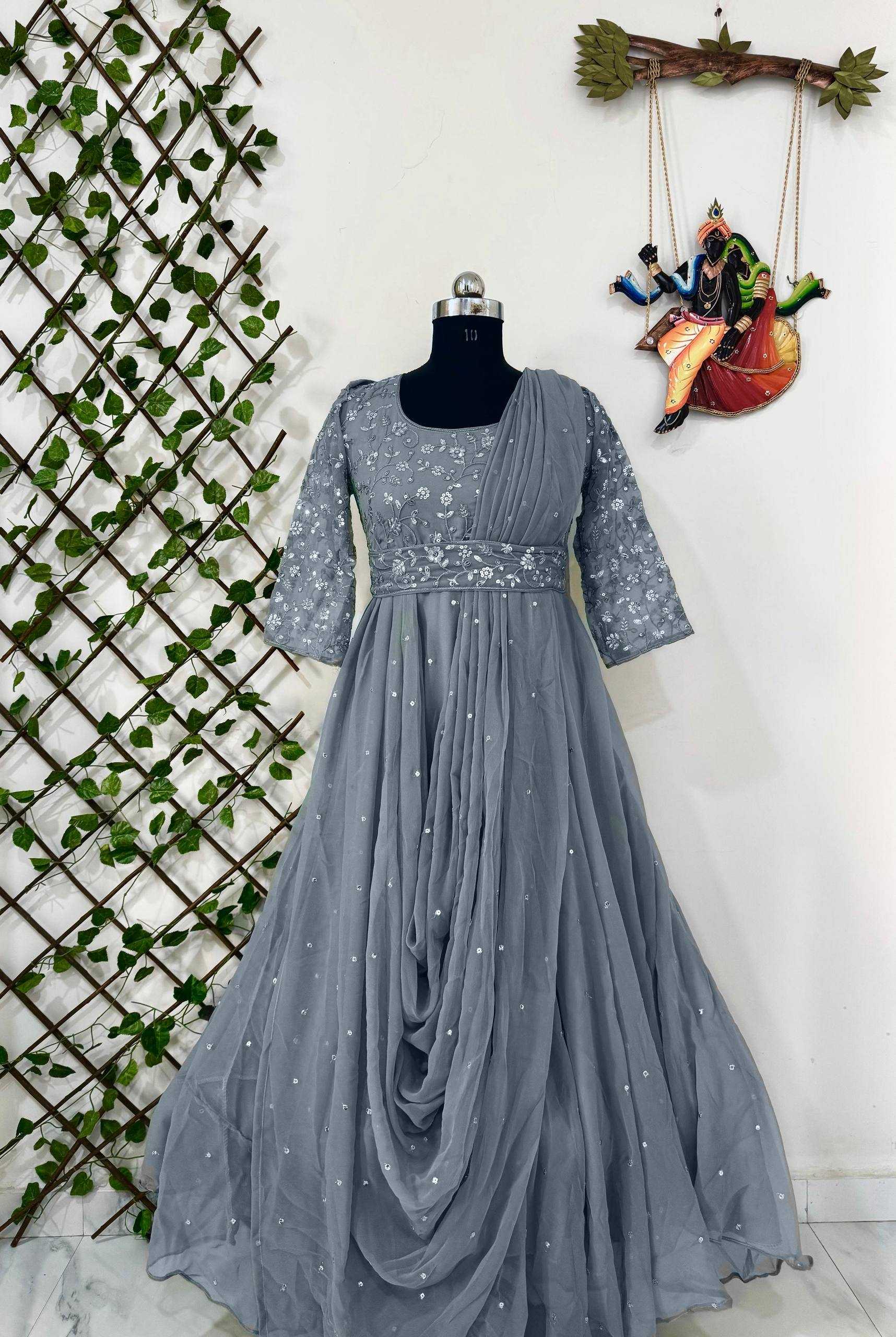 Ynf Georgette KESH492 207 Gowns Wedding Collections Festive Collections Wholesale Georgette Gown Embroidered Gown Gown With Belt Manufacturer