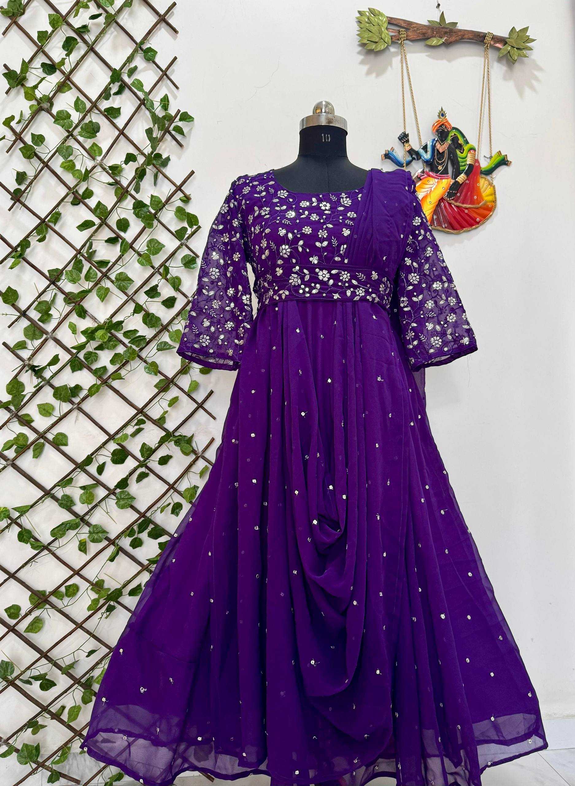 Ynf Georgette KESH492 207 Gowns Wedding Collections Festive Collections Wholesale Georgette Gown Embroidered Gown Gown With Belt Manufacturer