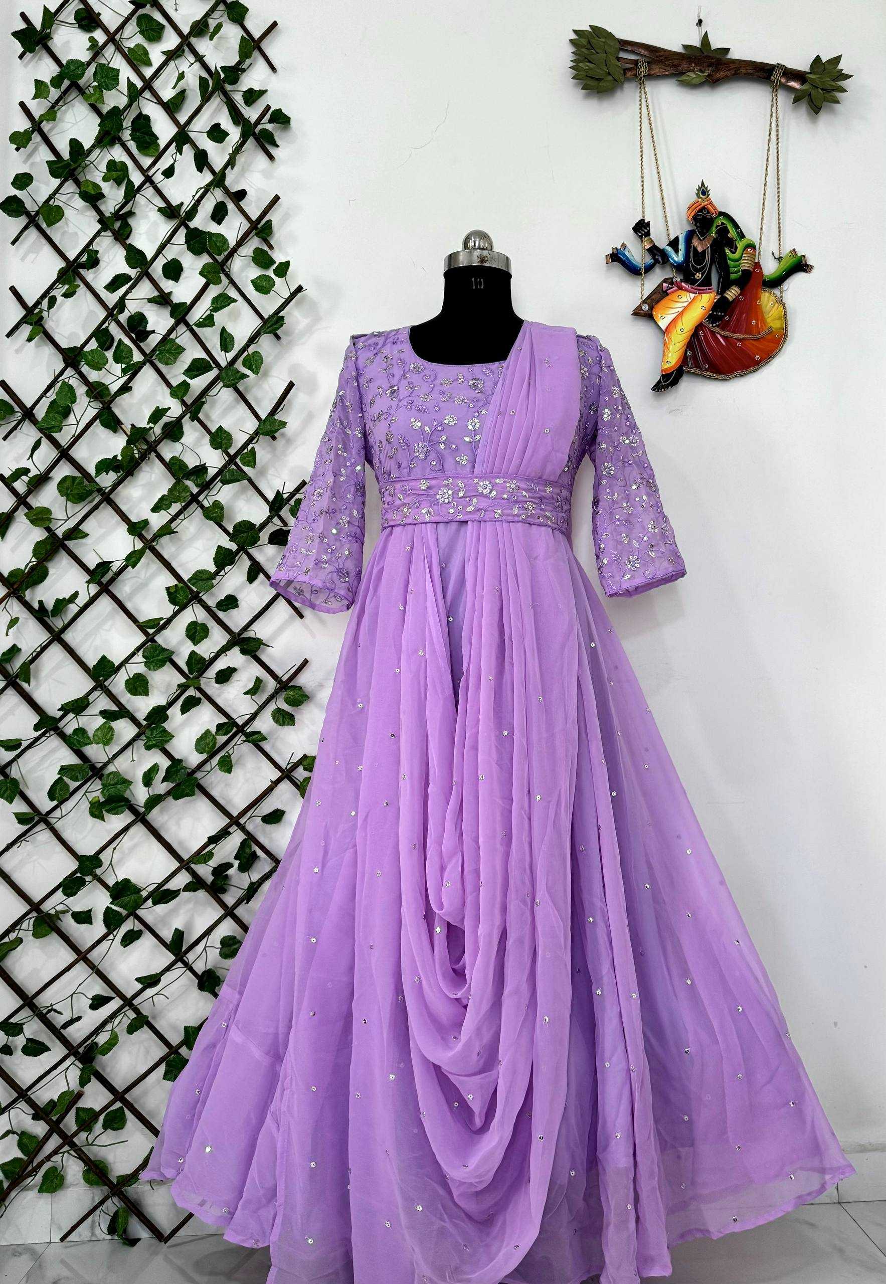 Ynf Georgette KESH492 207 Gowns Wedding Collections Festive Collections Wholesale Georgette Gown Embroidered Gown Gown With Belt Manufacturer