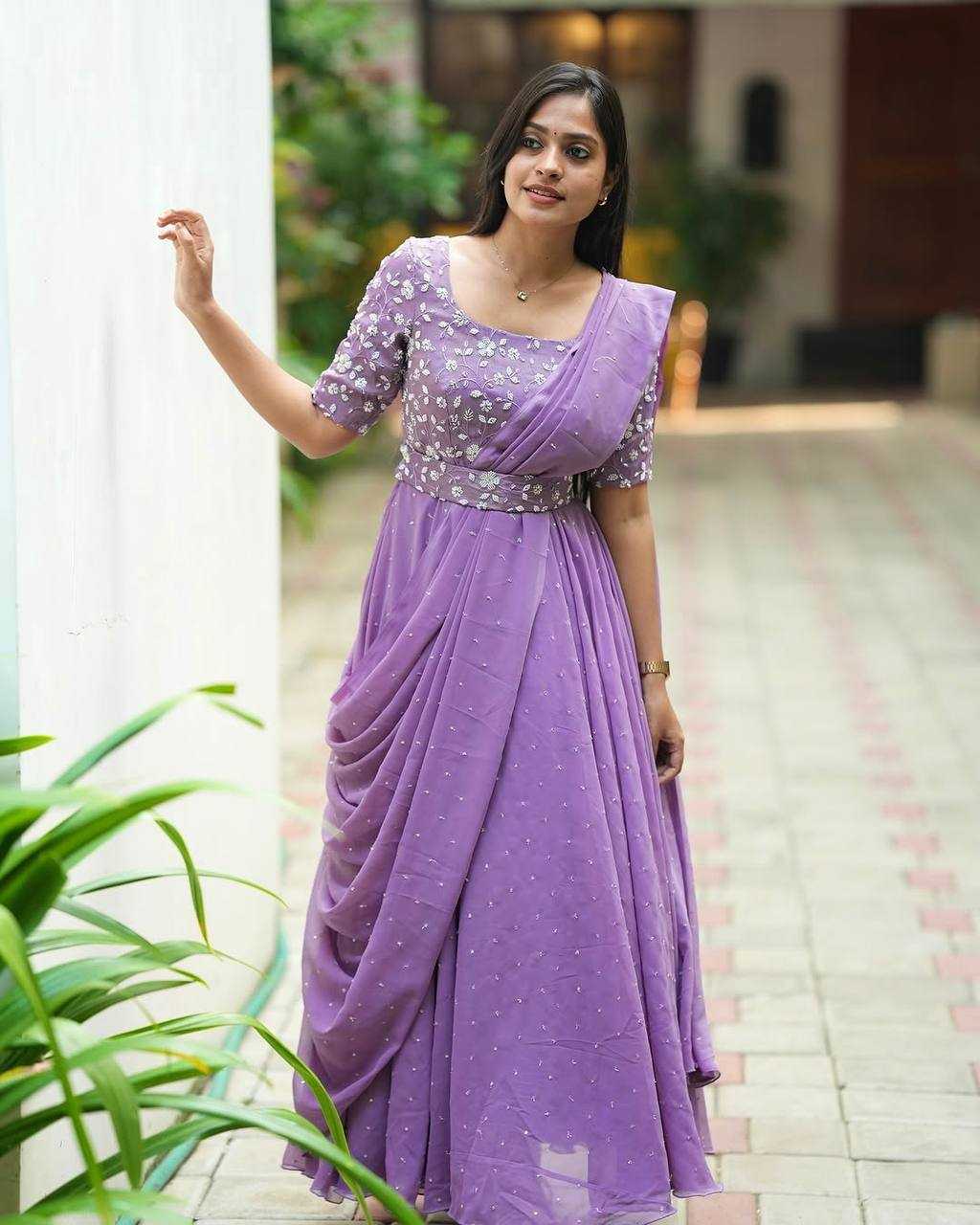 Ynf Georgette KESH492 207 Gowns Wedding Collections Festive Collections Wholesale Georgette Gown Embroidered Gown Gown With Belt Manufacturer