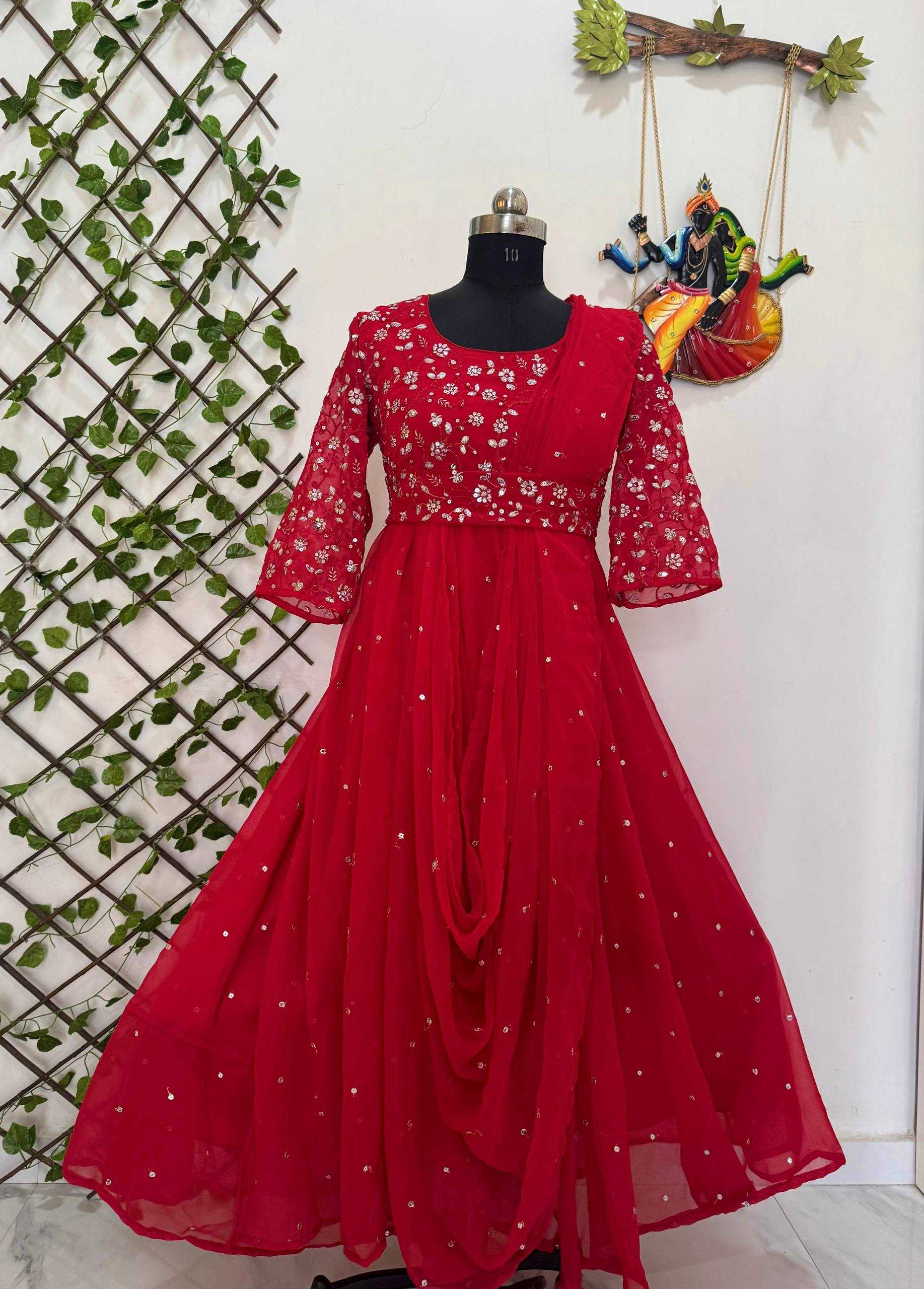 Ynf Georgette KESH492 207 Gowns Wedding Collections Festive Collections Wholesale Georgette Gown Embroidered Gown Gown With Belt Manufacturer