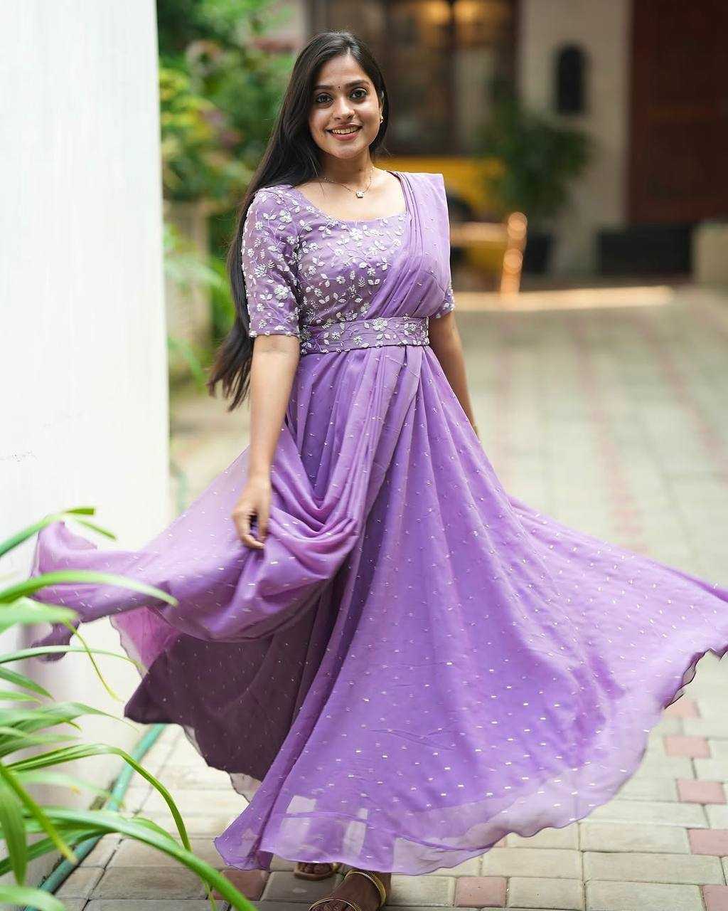 Ynf Georgette KESH492 207 Gowns Wedding Collections Festive Collections Wholesale Georgette Gown Embroidered Gown Gown With Belt Manufacturer