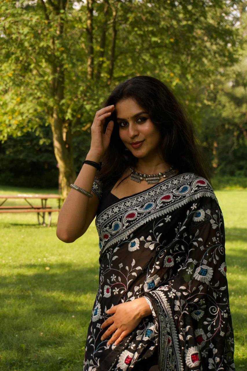 Ynf Georgette RIN105 BLACK QUEEN Sarees Wholesale Georgette Sarees Embroidered Sarees Black Sarees Manufacturer