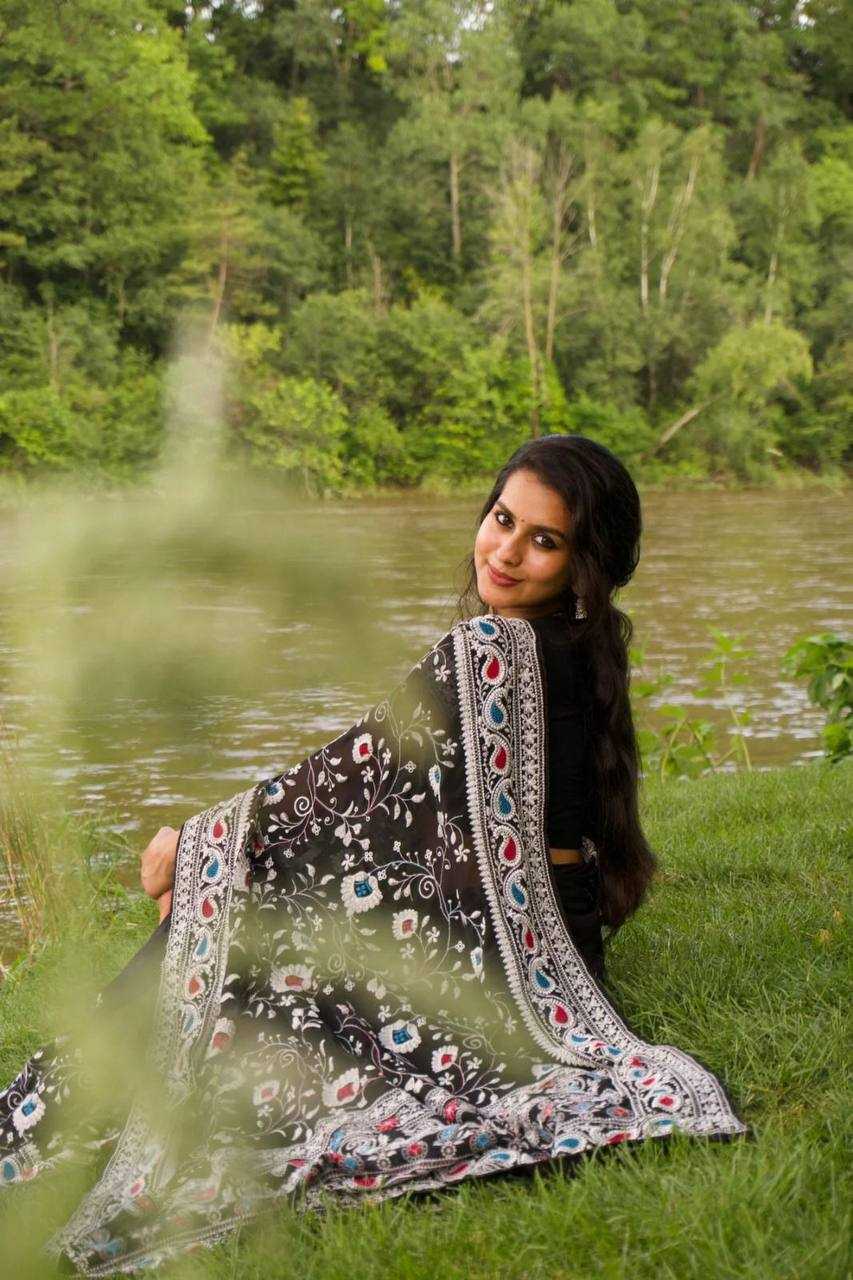 Ynf Georgette RIN105 BLACK QUEEN Sarees Wholesale Georgette Sarees Embroidered Sarees Black Sarees Manufacturer