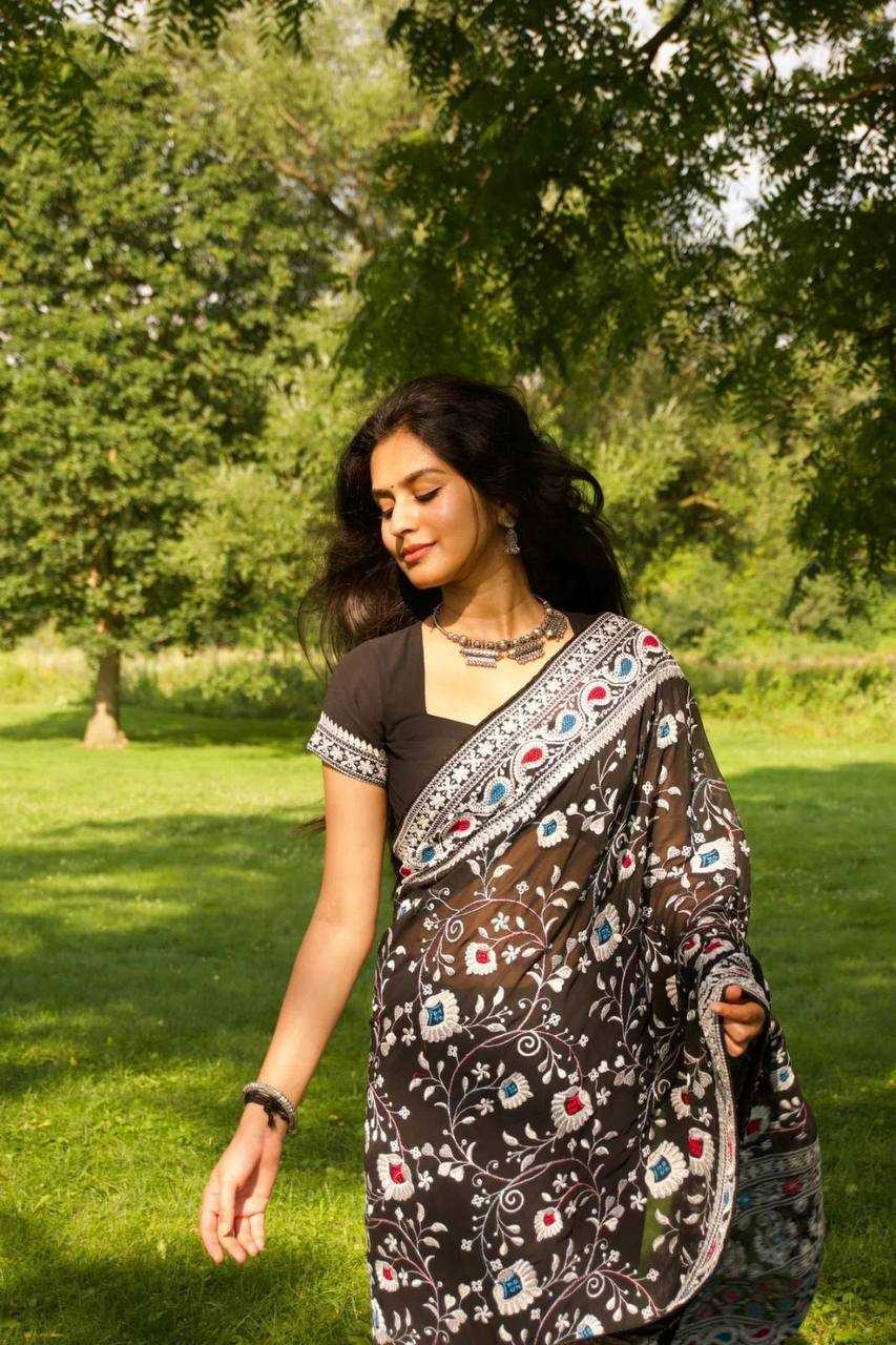 Ynf Georgette RIN105 BLACK QUEEN Sarees Wholesale Georgette Sarees Embroidered Sarees Black Sarees Manufacturer