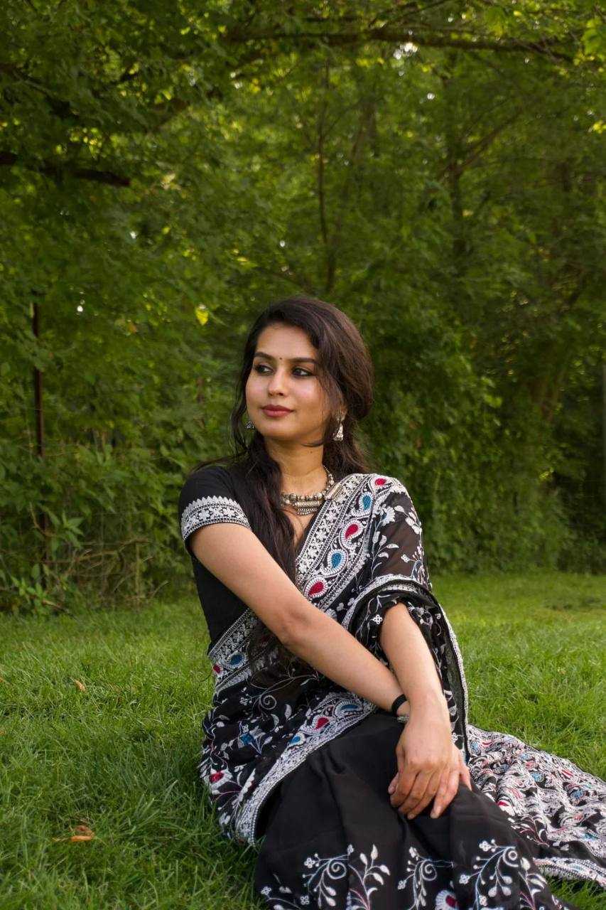 Ynf Georgette RIN105 BLACK QUEEN Sarees Wholesale Georgette Sarees Embroidered Sarees Black Sarees Manufacturer