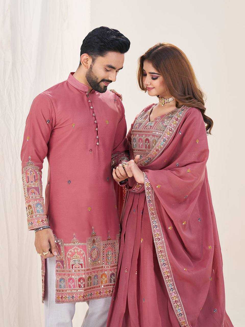 Ynf Georgette RIN131 04 Couple Wear Wholesale Couple Matching Ethnic Outfits Designer Ethnic Outfits for Couples Manufacturer