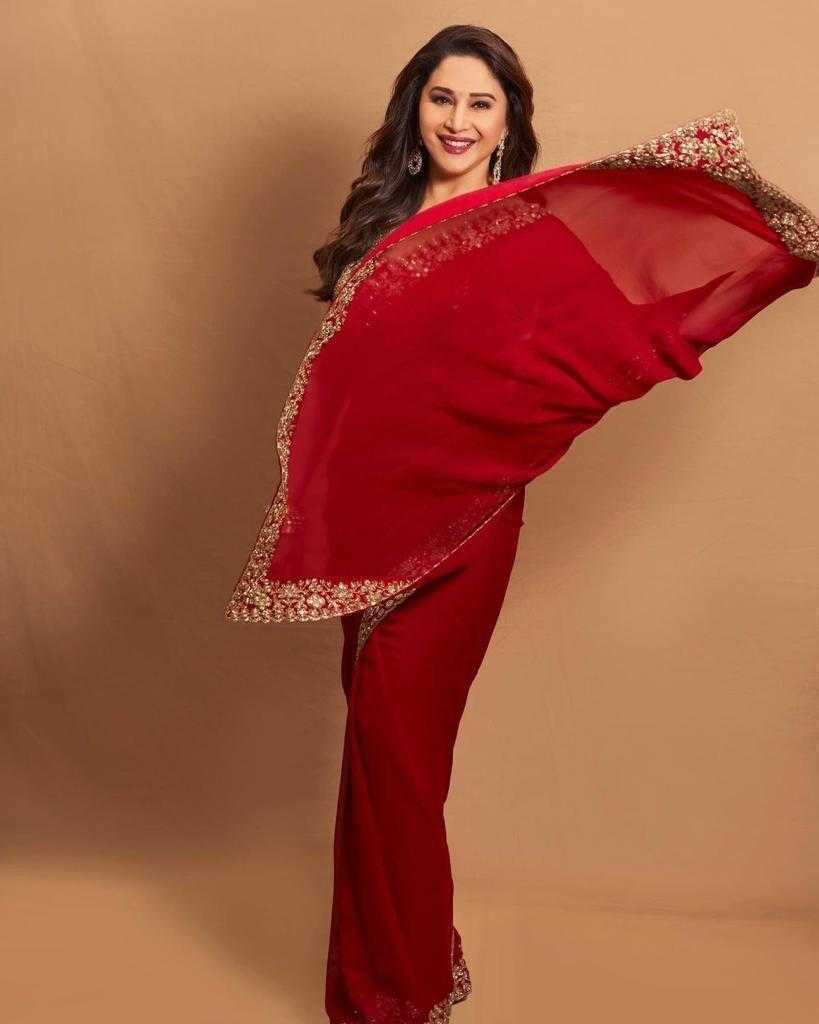 Ynf Georgette RIN134 0205 Sarees Wedding Collections Bollywood Collections Wholesale Georgette Sarees Madhuri Dixit Sarees Red Sarees Manufacturer