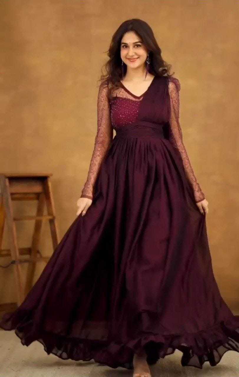 Ynf Georgette RIN157 3194 Gowns Wedding Collections Plus Size Collections Wholesale Georgette Gown Wedding Gown Gown With Belt Manufacturer