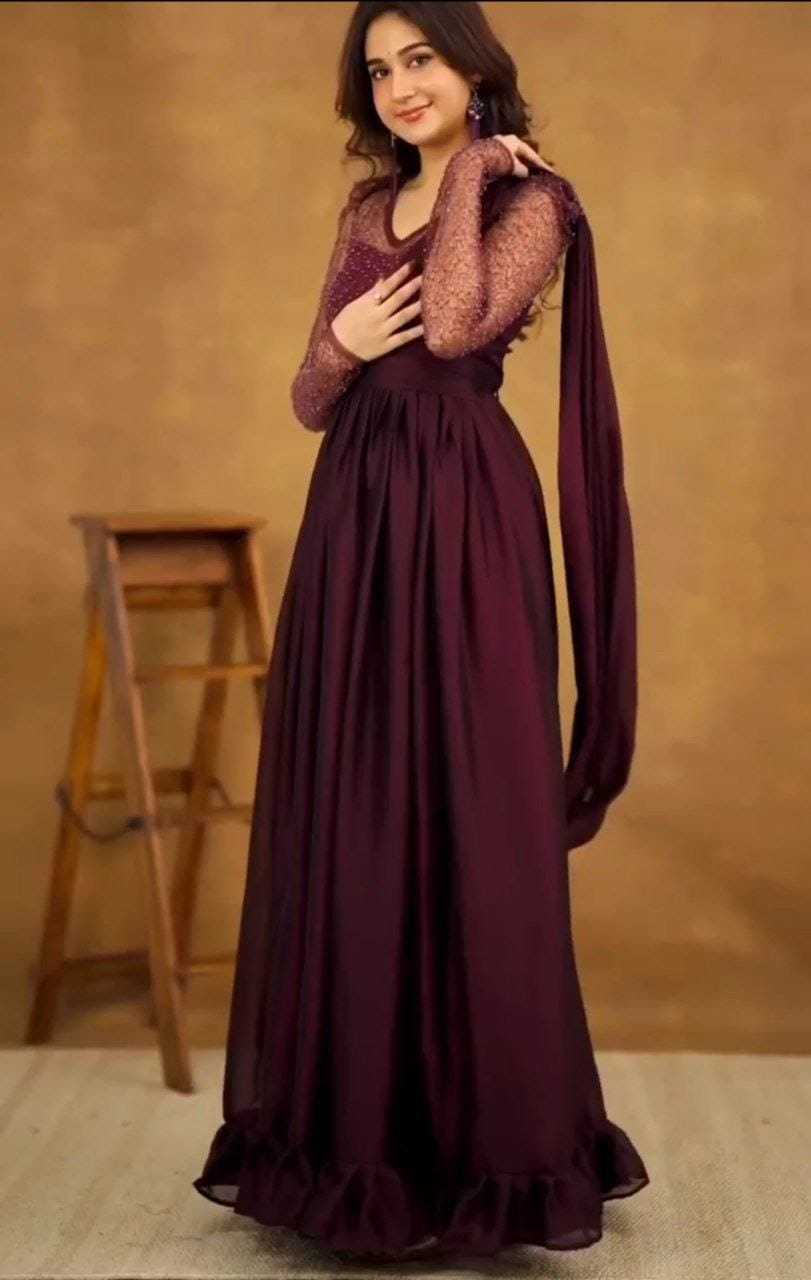 Ynf Georgette RIN157 3194 Gowns Wedding Collections Plus Size Collections Wholesale Georgette Gown Wedding Gown Gown With Belt Manufacturer