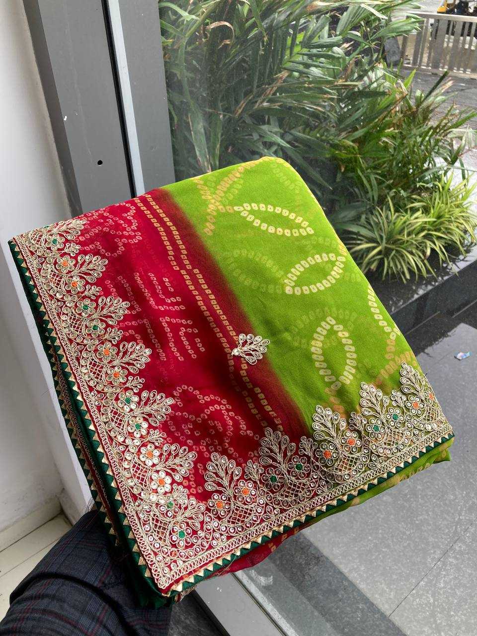 Ynf Georgette RIN188 Suvidha Pitta work Bandhej Sarees Wholesale Printed Sarees Georgette Sarees Gota Patti Sarees Printed Georgette Saree Manufacturer