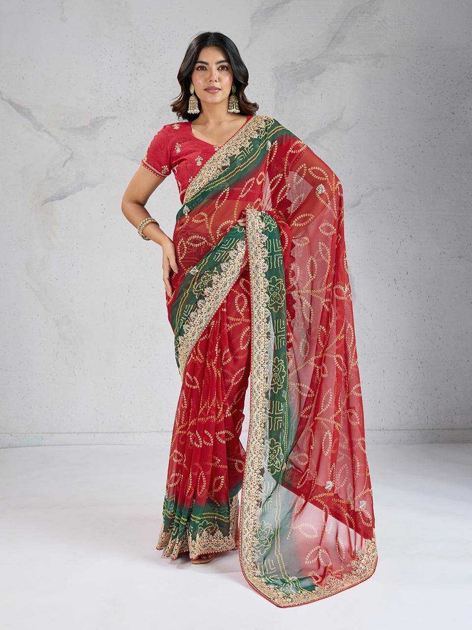 Ynf Georgette RIN188 Suvidha Pitta work Bandhej Sarees Wholesale Printed Sarees Georgette Sarees Gota Patti Sarees Printed Georgette Saree Manufacturer