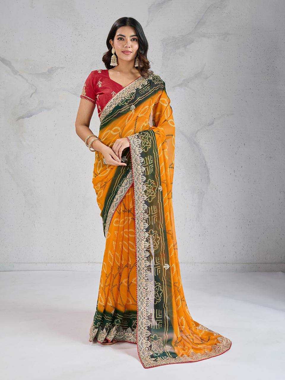 Ynf Georgette RIN188 Suvidha Pitta work Bandhej Sarees Wholesale Printed Sarees Georgette Sarees Gota Patti Sarees Printed Georgette Saree Manufacturer