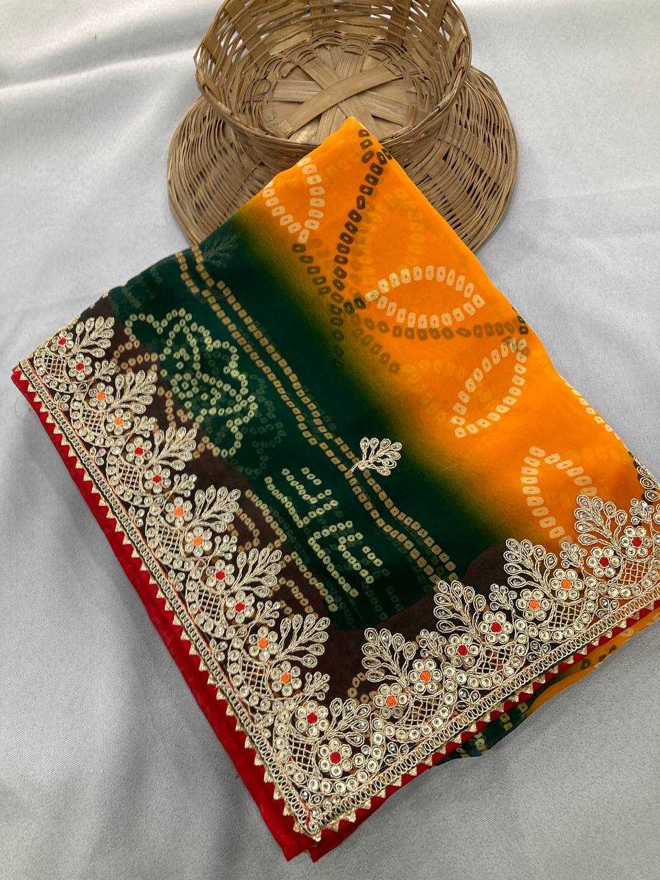 Ynf Georgette RIN188 Suvidha Pitta work Bandhej Sarees Wholesale Printed Sarees Georgette Sarees Gota Patti Sarees Printed Georgette Saree Manufacturer