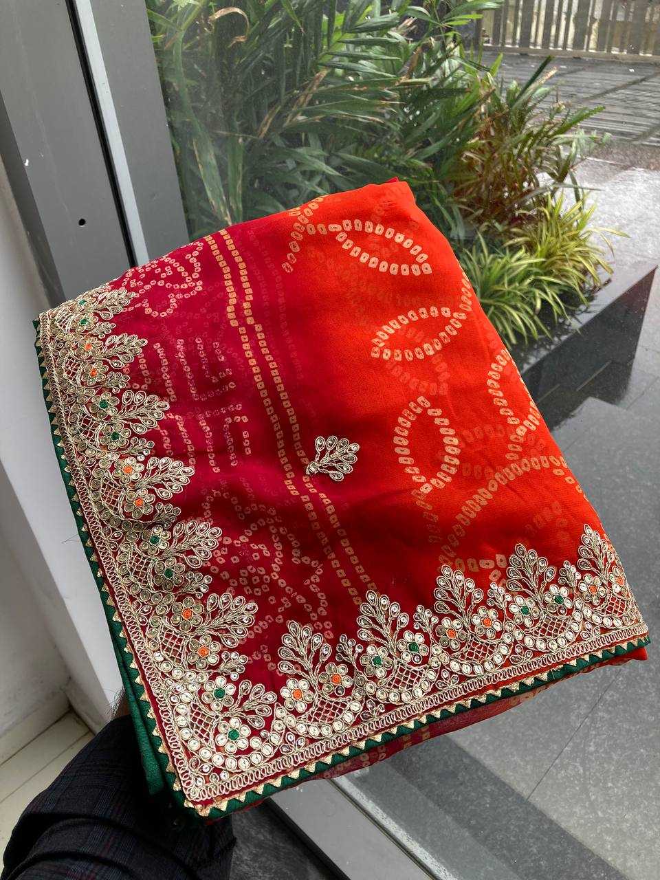 Ynf Georgette RIN188 Suvidha Pitta work Bandhej Sarees Wholesale Printed Sarees Georgette Sarees Gota Patti Sarees Printed Georgette Saree Manufacturer
