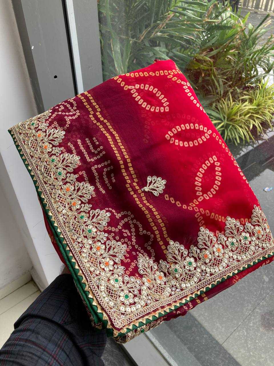 Ynf Georgette RIN188 Suvidha Pitta work Bandhej Sarees Wholesale Printed Sarees Georgette Sarees Gota Patti Sarees Printed Georgette Saree Manufacturer