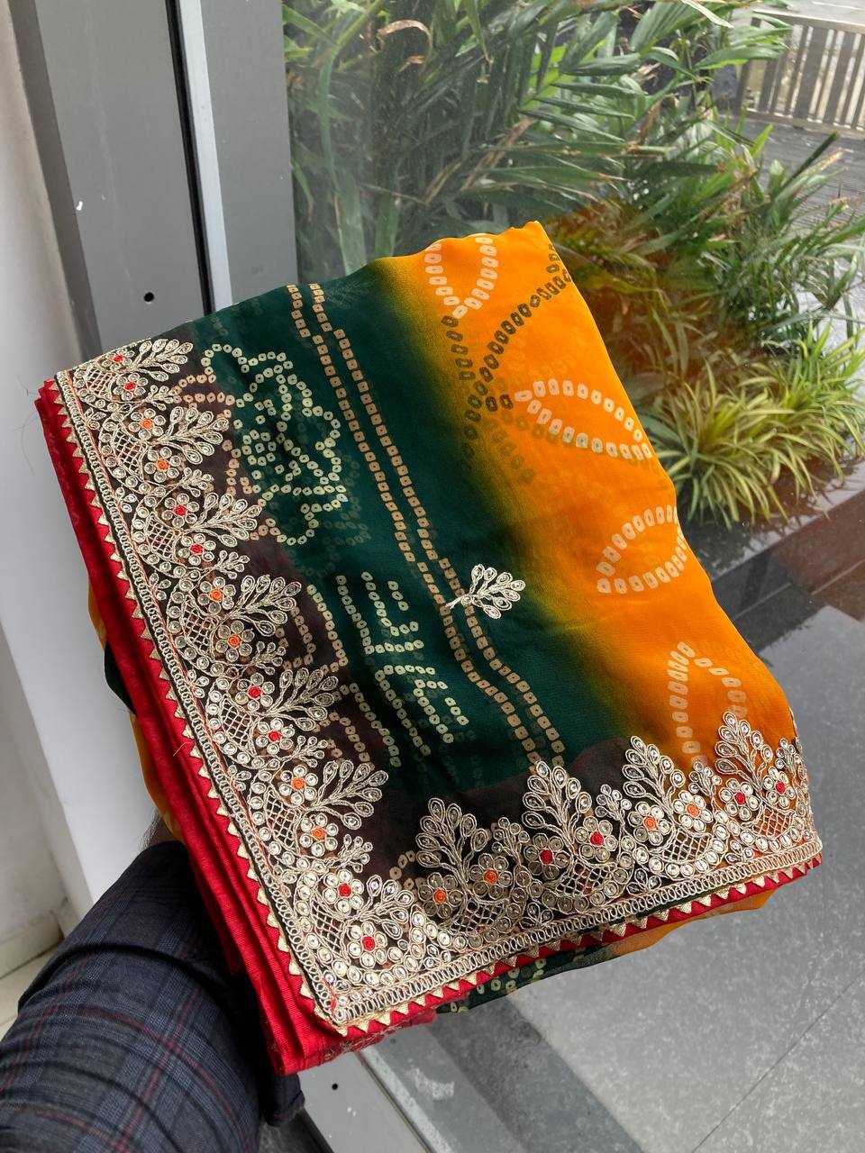 Ynf Georgette RIN188 Suvidha Pitta work Bandhej Sarees Wholesale Printed Sarees Georgette Sarees Gota Patti Sarees Printed Georgette Saree Manufacturer
