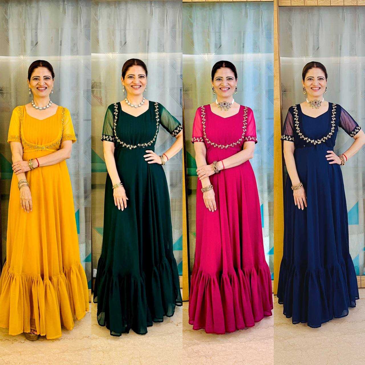 Ynf Georgette RIN213 L331 Gowns Festive Collections Plus Size Collections Wholesale Georgette Gown Party Wear Gowns Fit And Flare Gowns Manufacturer