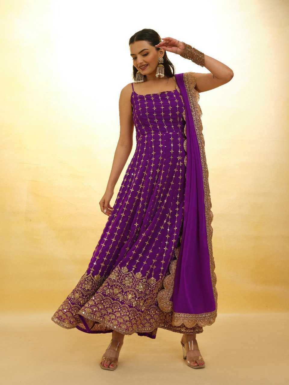Ynf Georgette RIN228 227 Gowns Wholesale Embroidery Gowns Anarkali Gown Long Gowns Sleeveless Gowns Sequin Gowns Manufacturer