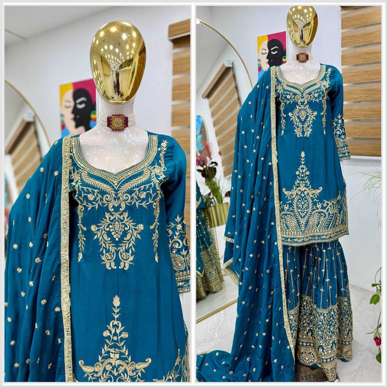 Ynf Heavy Chinnon Silk KESH158 9016 Suits & Dresses Wedding Collections Festive Collections Wholesale Sharara Salwar Suits Embroidery Suits Ladies Silk Suit Manufacturer