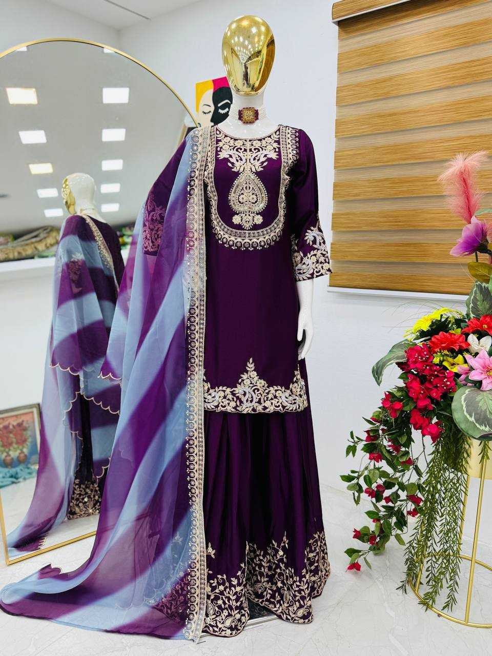 Ynf Heavy Chinnon Silk KESH158 9018 Suits & Dresses Wedding Collections Festive Collections Wholesale Sharara Salwar Suits Embroidery Suits Ladies Silk Suit Manufacturer