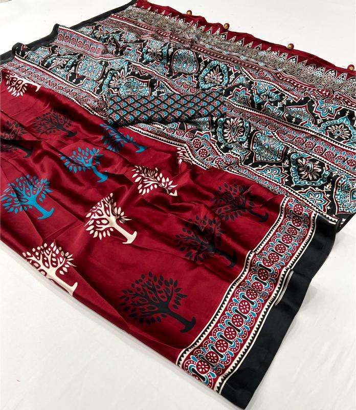 Ynf Japan Sartin RIN184 Mohar Sarees Wholesale Ladies Sarees Ajrakh Sarees Satin Sarees Manufacturer