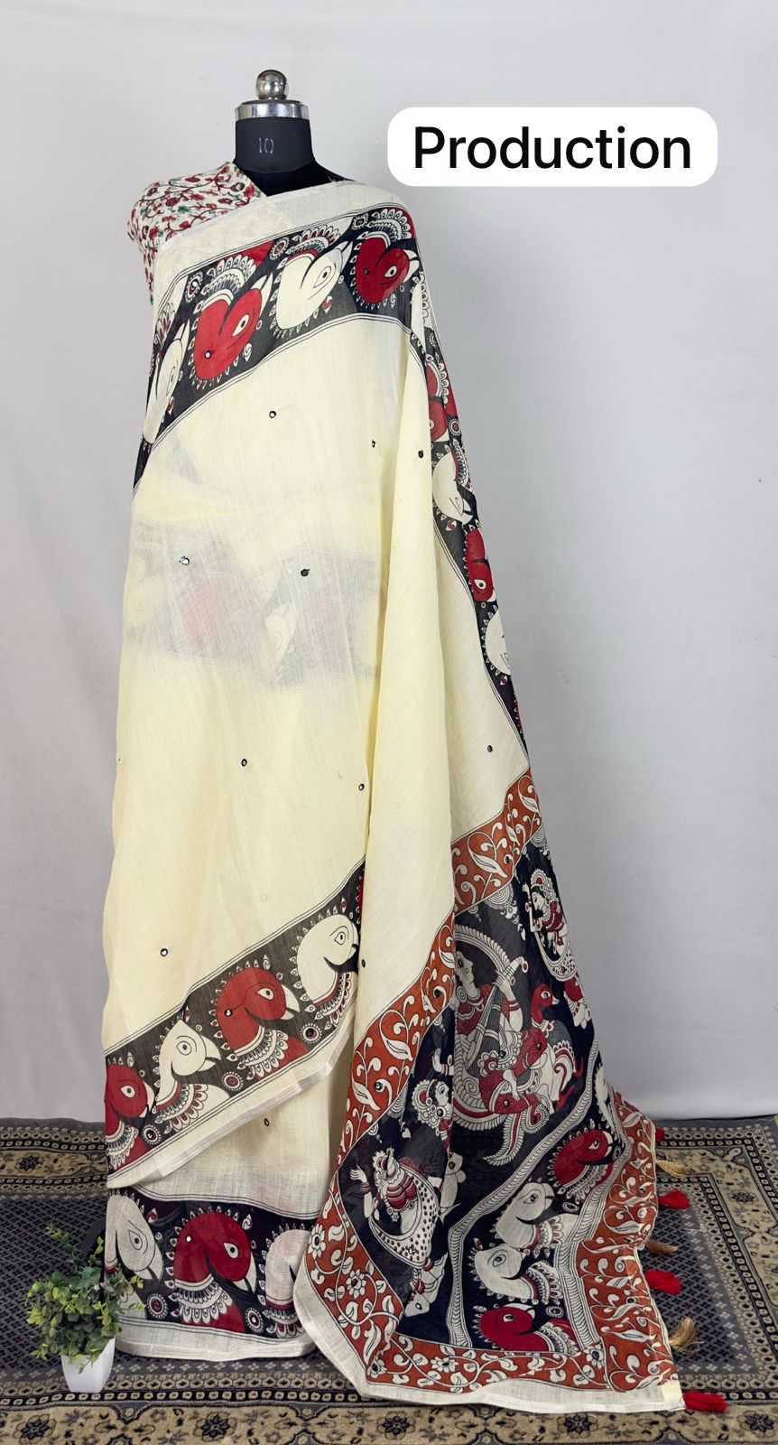 Ynf Linen RIN203 FESTIVE Sarees Festive Collections Wholesale Kalamkari Sarees Mirror Work Saree Onam Collections Manufacturer