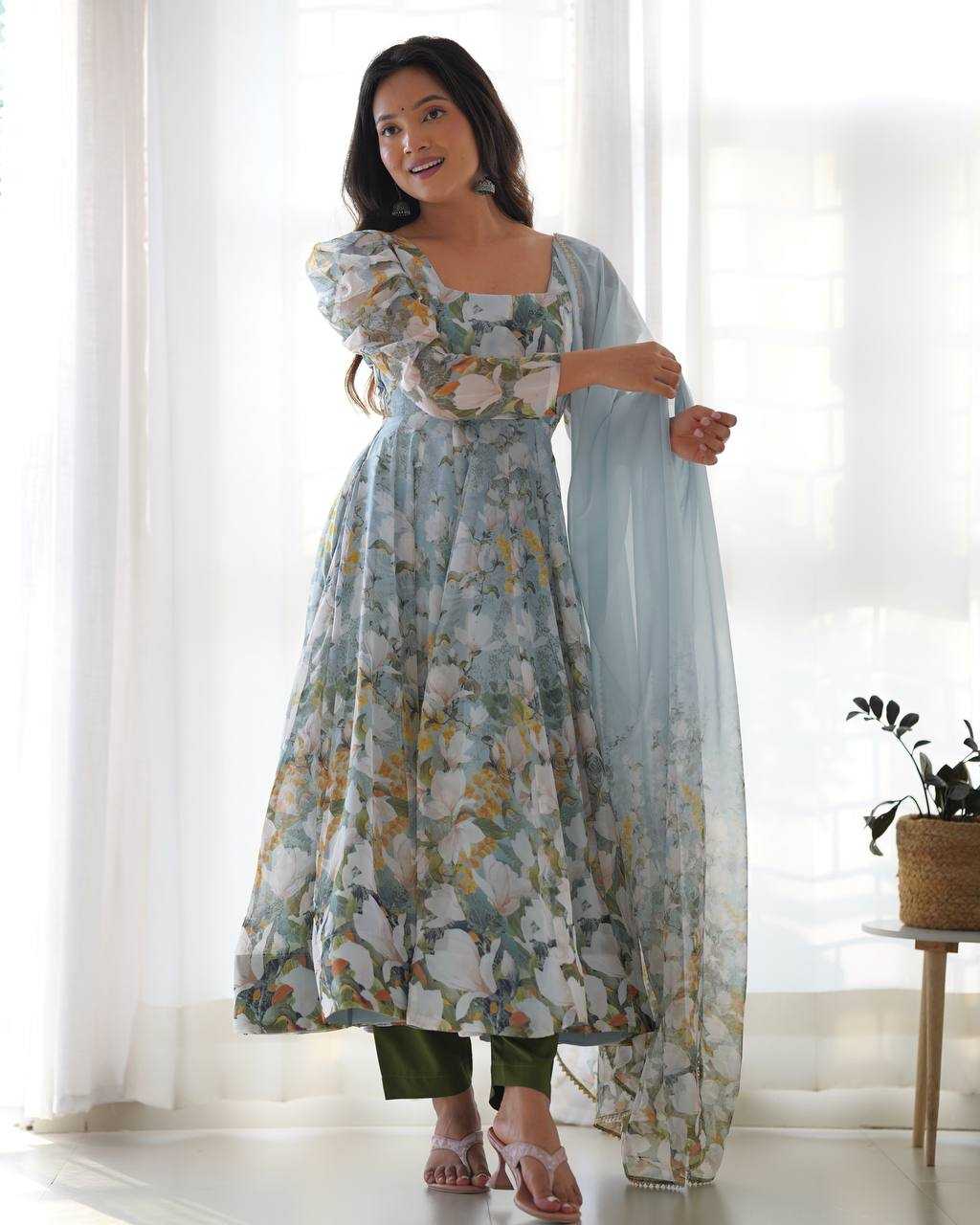 Ynf Organza KESH504 57 Gowns Wholesale Printed Gowns Anarkali Gown Floral Print Gowns Manufacturer