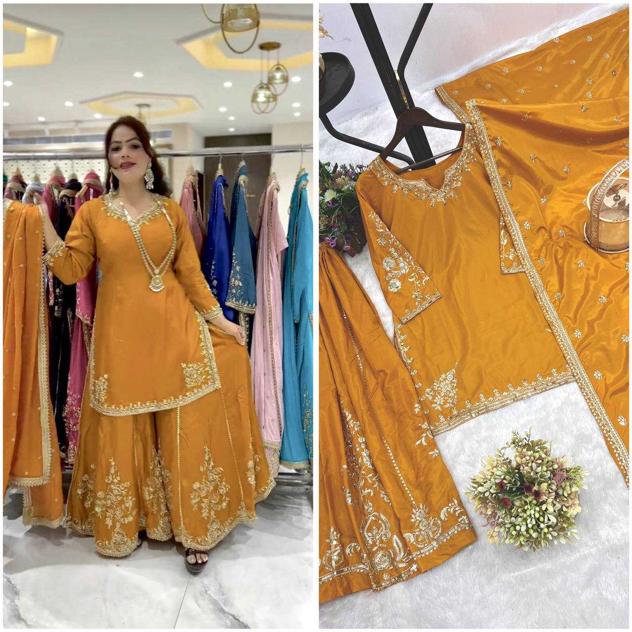 Ynf Pure Crepe KESH159 1037 Suits & Dresses Wedding Collections Festive Collections Wholesale Palazzo Suit Embroidered Suits Haldi Outfits Manufacturer