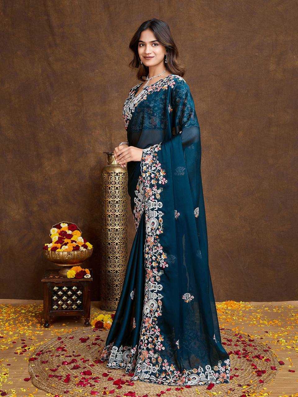 Ynf Rangoli Silk RIN188 Swastik Sarees Wholesale Party Wear Sarees Fancy Sarees Embroidered Sarees Lace Border Sarees Manufacturer