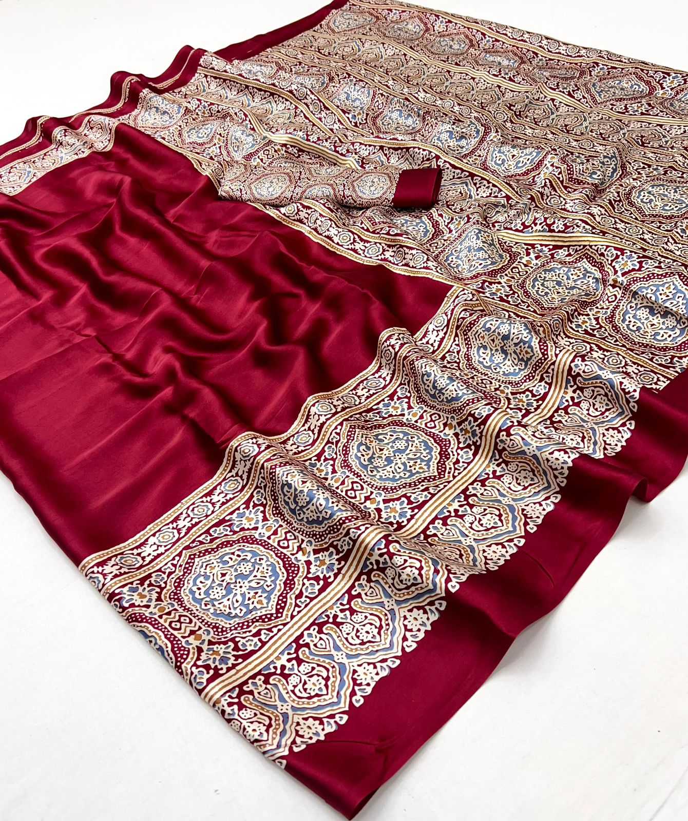 Ynf Satin KESH447 AJARAKH LUXE-03 Sarees Wedding Collections Festive Collections Wholesale Party Wear Sarees Printed Sarees Crape Satin Sarees Manufacturer