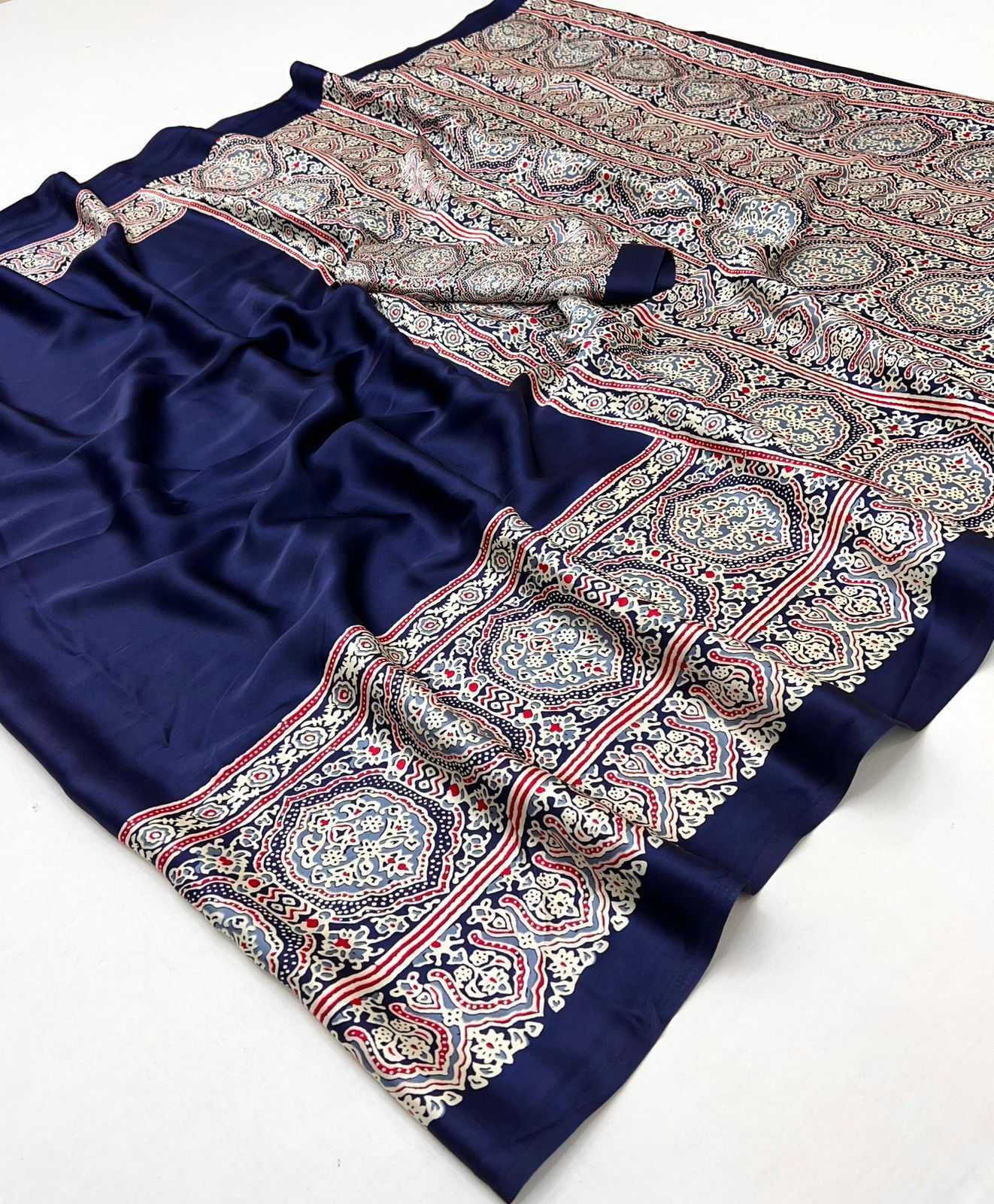Ynf Satin KESH447 AJARAKH LUXE-03 Sarees Wedding Collections Festive Collections Wholesale Party Wear Sarees Printed Sarees Crape Satin Sarees Manufacturer