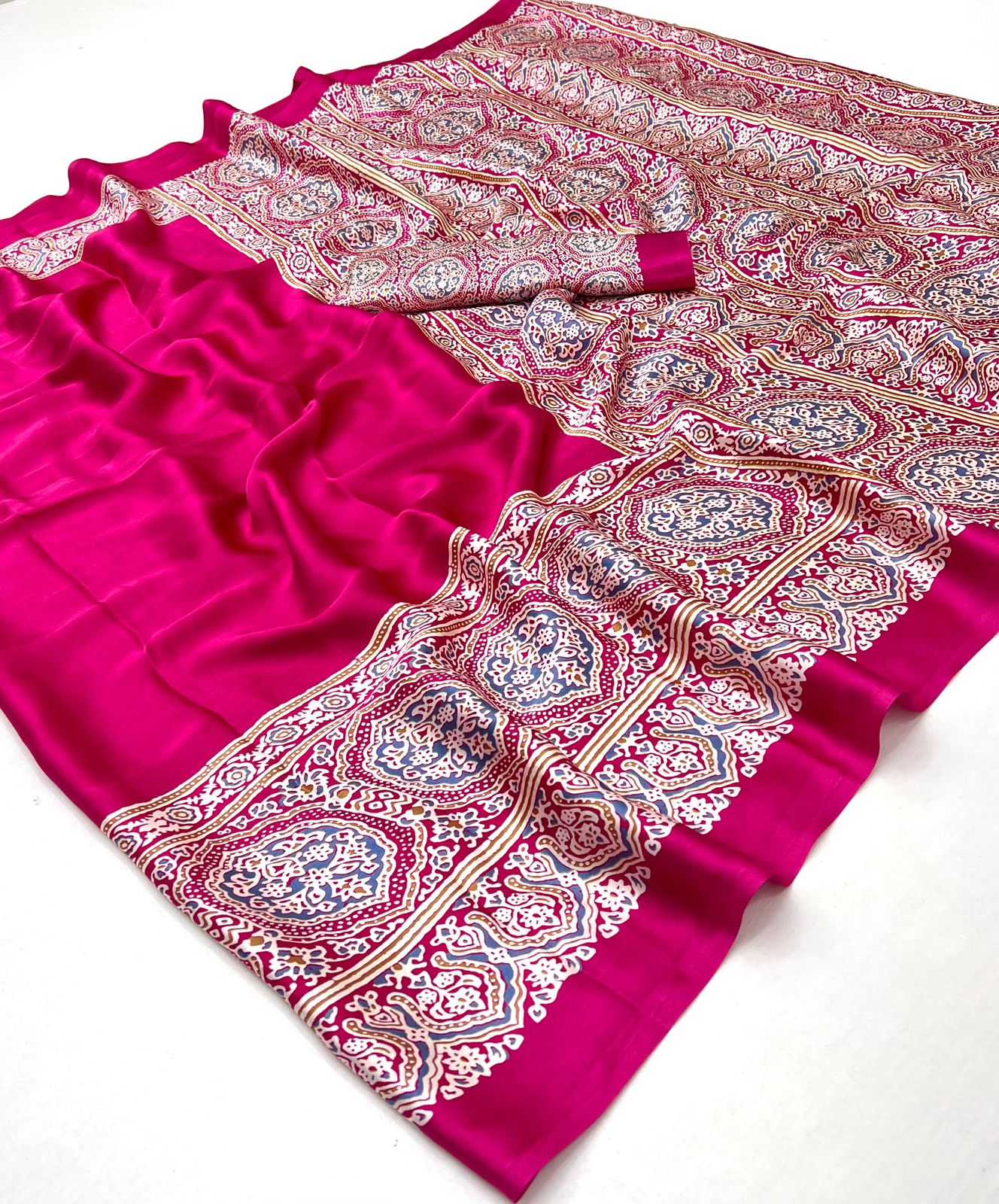 Ynf Satin KESH447 AJARAKH LUXE-03 Sarees Wedding Collections Festive Collections Wholesale Party Wear Sarees Printed Sarees Crape Satin Sarees Manufacturer