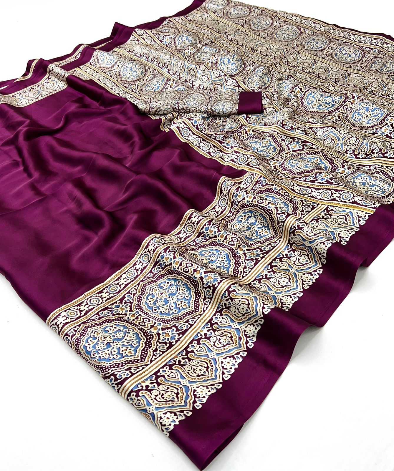 Ynf Satin KESH447 AJARAKH LUXE-03 Sarees Wedding Collections Festive Collections Wholesale Party Wear Sarees Printed Sarees Crape Satin Sarees Manufacturer