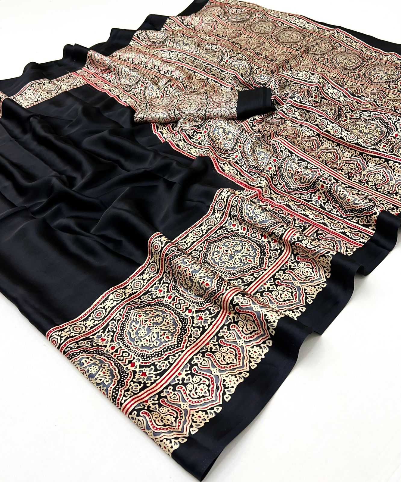 Ynf Satin KESH447 AJARAKH LUXE-03 Sarees Wedding Collections Festive Collections Wholesale Party Wear Sarees Printed Sarees Crape Satin Sarees Manufacturer