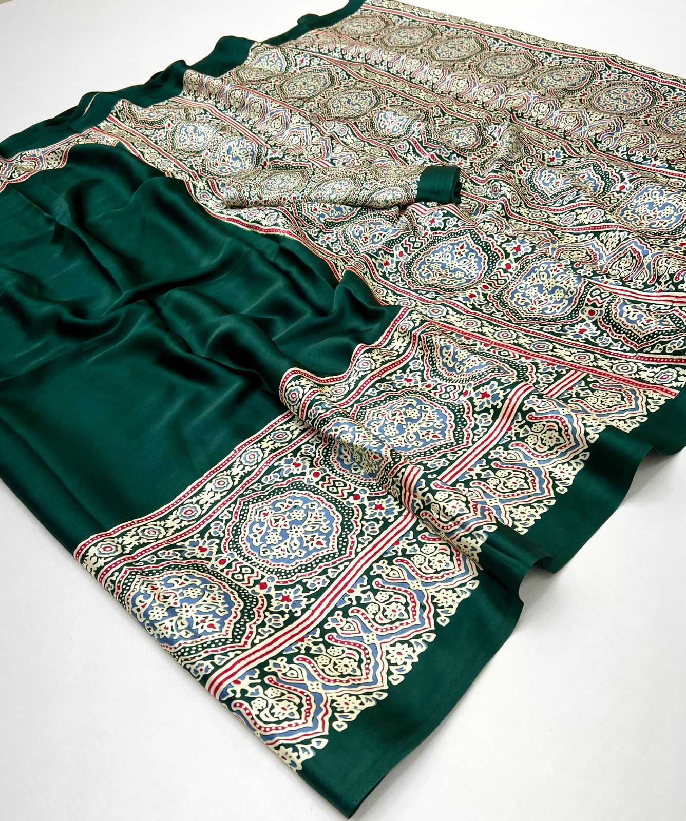 Ynf Satin KESH447 AJARAKH LUXE-03 Sarees Wedding Collections Festive Collections Wholesale Party Wear Sarees Printed Sarees Crape Satin Sarees Manufacturer