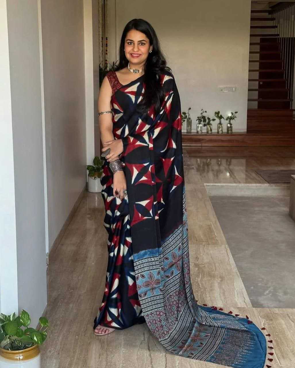 Ynf Silk KESH495 Ajrakh Print Sarees Wholesale Party Wear Sarees Printed Sarees Ajrakh Sarees Manufacturer