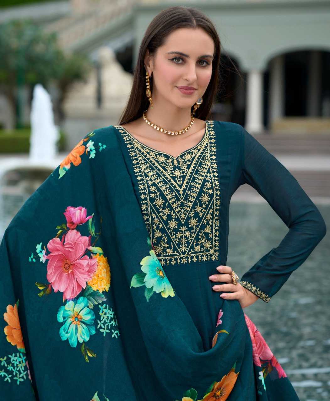 Ynf Vichitra Silk KESH507 TEAL VICHITRA Suits & Dresses Wedding Collections Festive Collections Wholesale Ladies Silk Suit Anarkali Suits Wedding Outfits Manufacturer