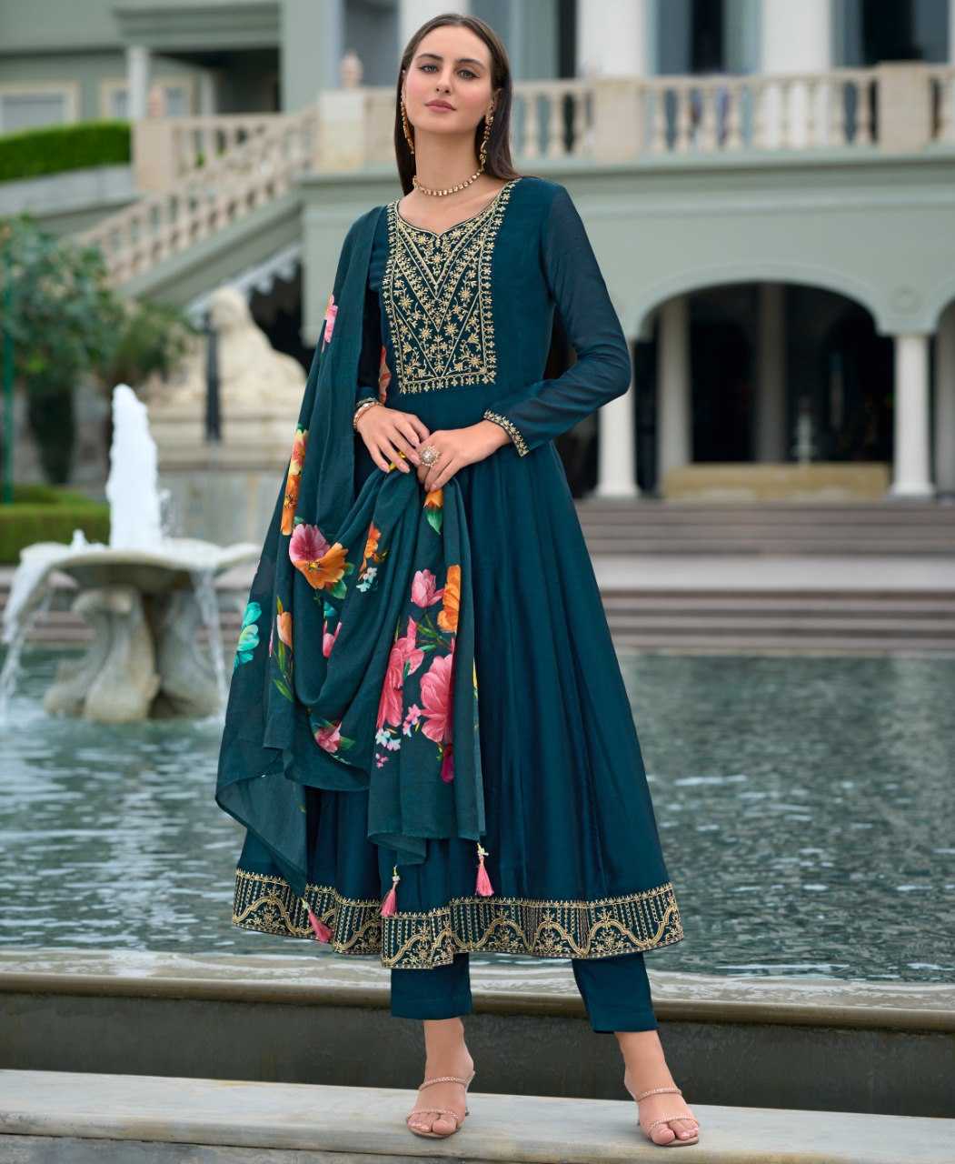 Ynf Vichitra Silk KESH507 TEAL VICHITRA Suits & Dresses Wedding Collections Festive Collections Wholesale Ladies Silk Suit Anarkali Suits Wedding Outfits Manufacturer