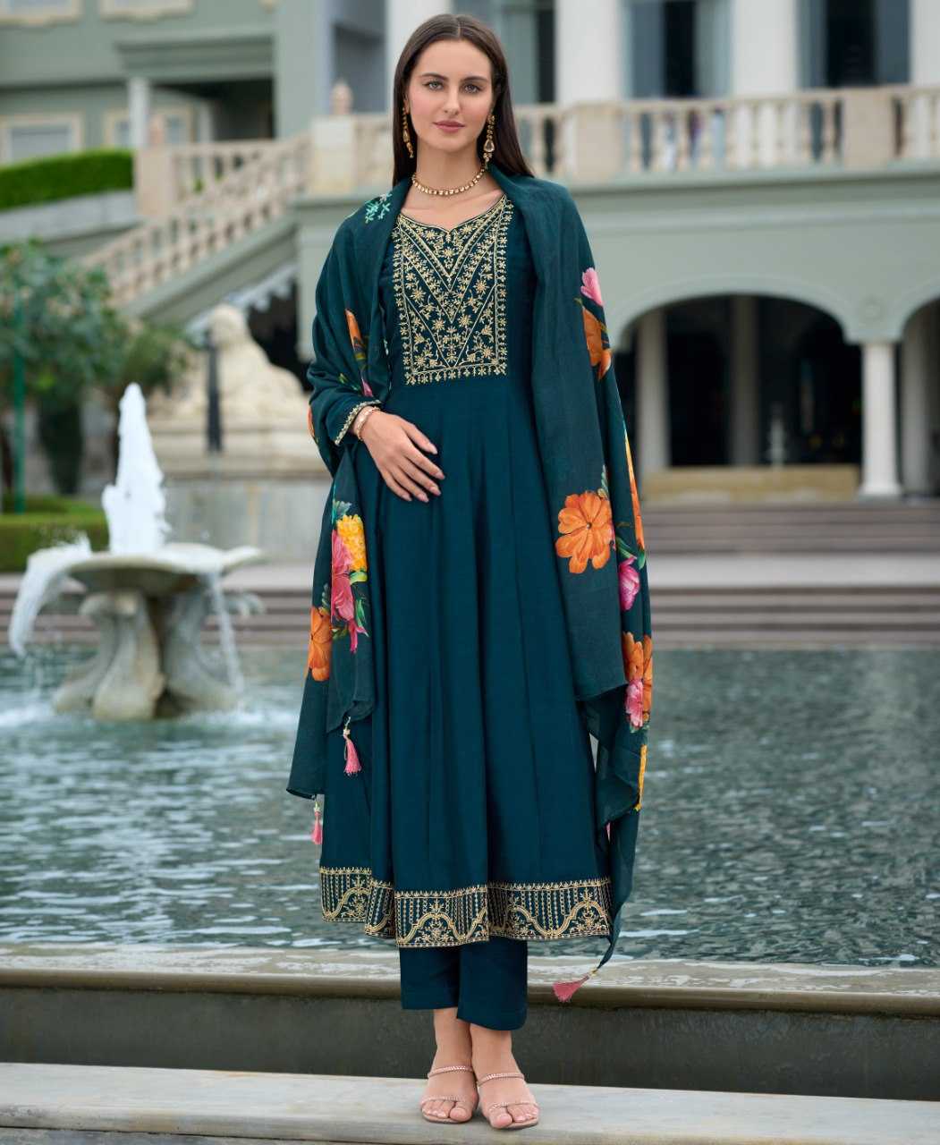 Ynf Vichitra Silk KESH507 TEAL VICHITRA Suits & Dresses Wedding Collections Festive Collections Wholesale Ladies Silk Suit Anarkali Suits Wedding Outfits Manufacturer