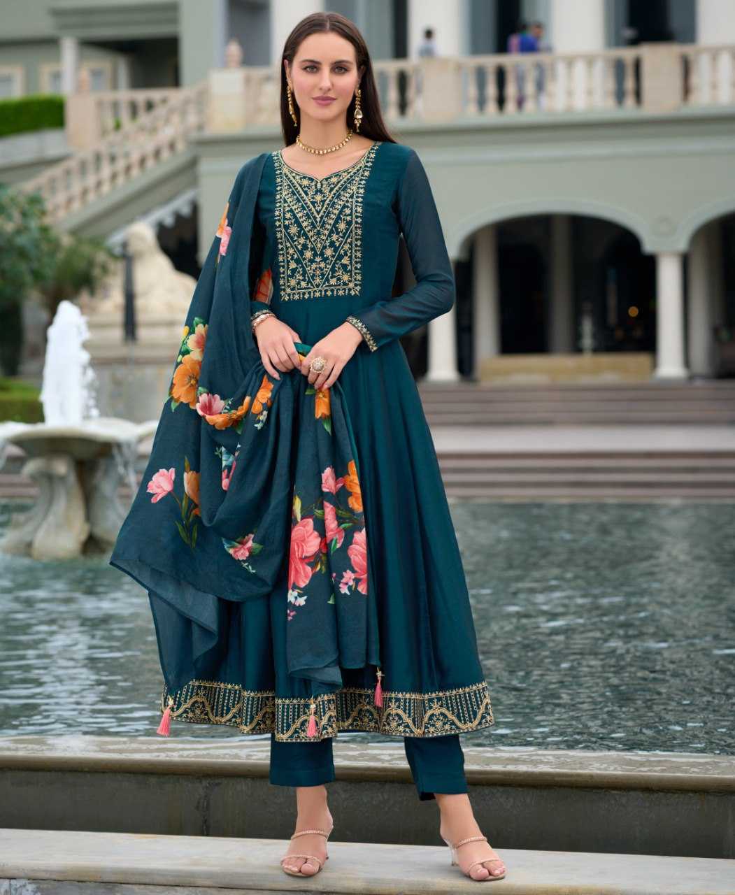 Ynf Vichitra Silk KESH507 TEAL VICHITRA Suits & Dresses Wedding Collections Festive Collections Wholesale Ladies Silk Suit Anarkali Suits Wedding Outfits Manufacturer