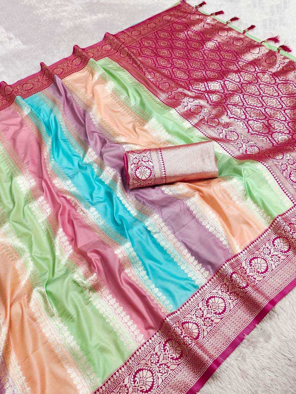 Ynf Banarasi Soft Silk RIN150 Multi colour Silk Sarees Wedding Collections Festive Collections Wholesale Banarasi Silk Sarees Silk Sarees With Contrast Pallu Silk Sarees With Blouse Manufacturer