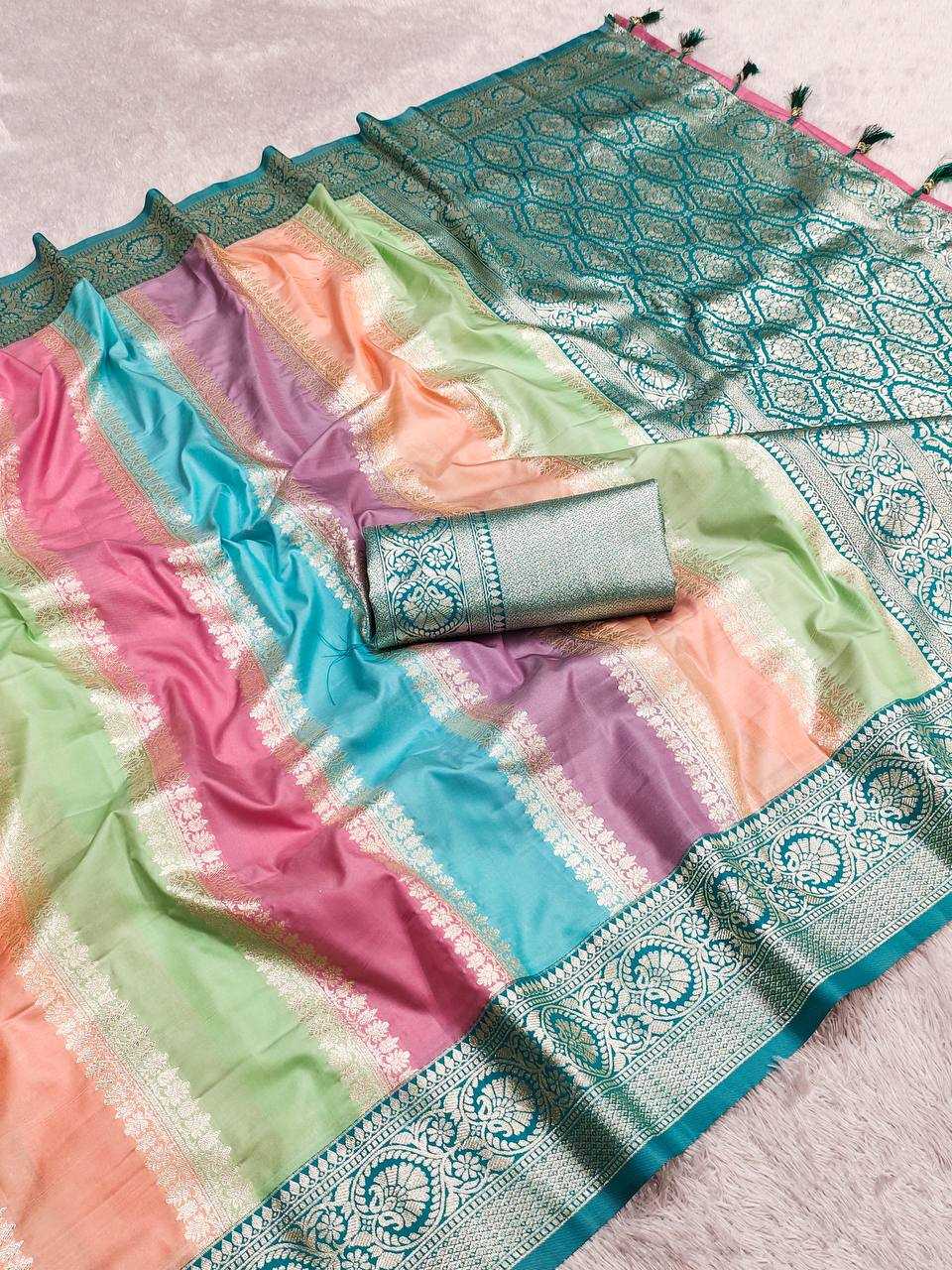 Ynf Banarasi Soft Silk RIN150 Multi colour Silk Sarees Wedding Collections Festive Collections Wholesale Banarasi Silk Sarees Silk Sarees With Contrast Pallu Silk Sarees With Blouse Manufacturer