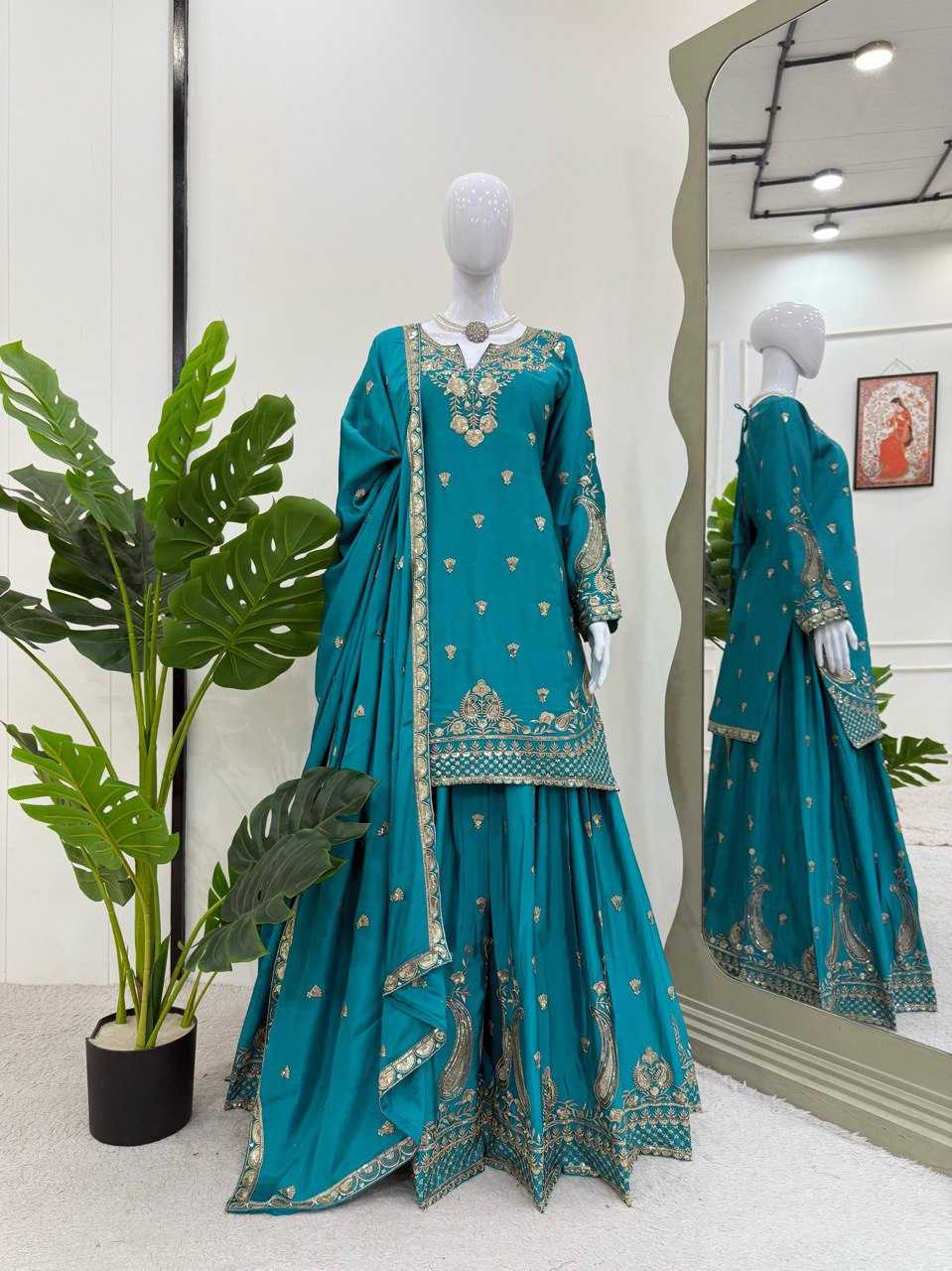 Ynf Chinon Silk RIN162 5852 Suits & Dresses Wholesale Palazzo Suit Ladies Silk Suit Wedding Suits Manufacturer