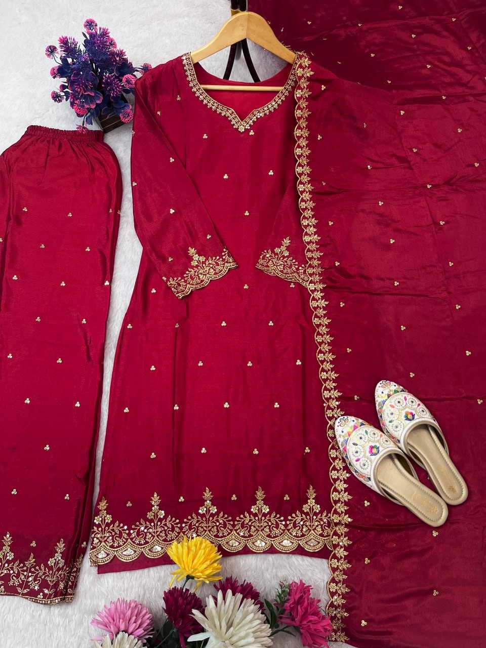 Ynf Chinon Silk RIN212 7064 Suits & Dresses Wedding Collections Festive Collections Wholesale Embroidery Suits Palazzo Suit Ladies Silk Suit Manufacturer